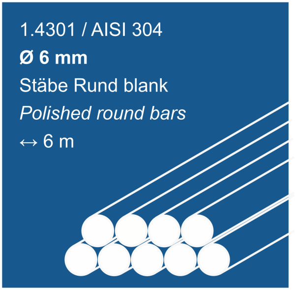 Edelstahlstäbe aus 1.4301 (304), 6mm Durchmesser, 6000 mm lang, auf blauem Hintergrund abgebildet